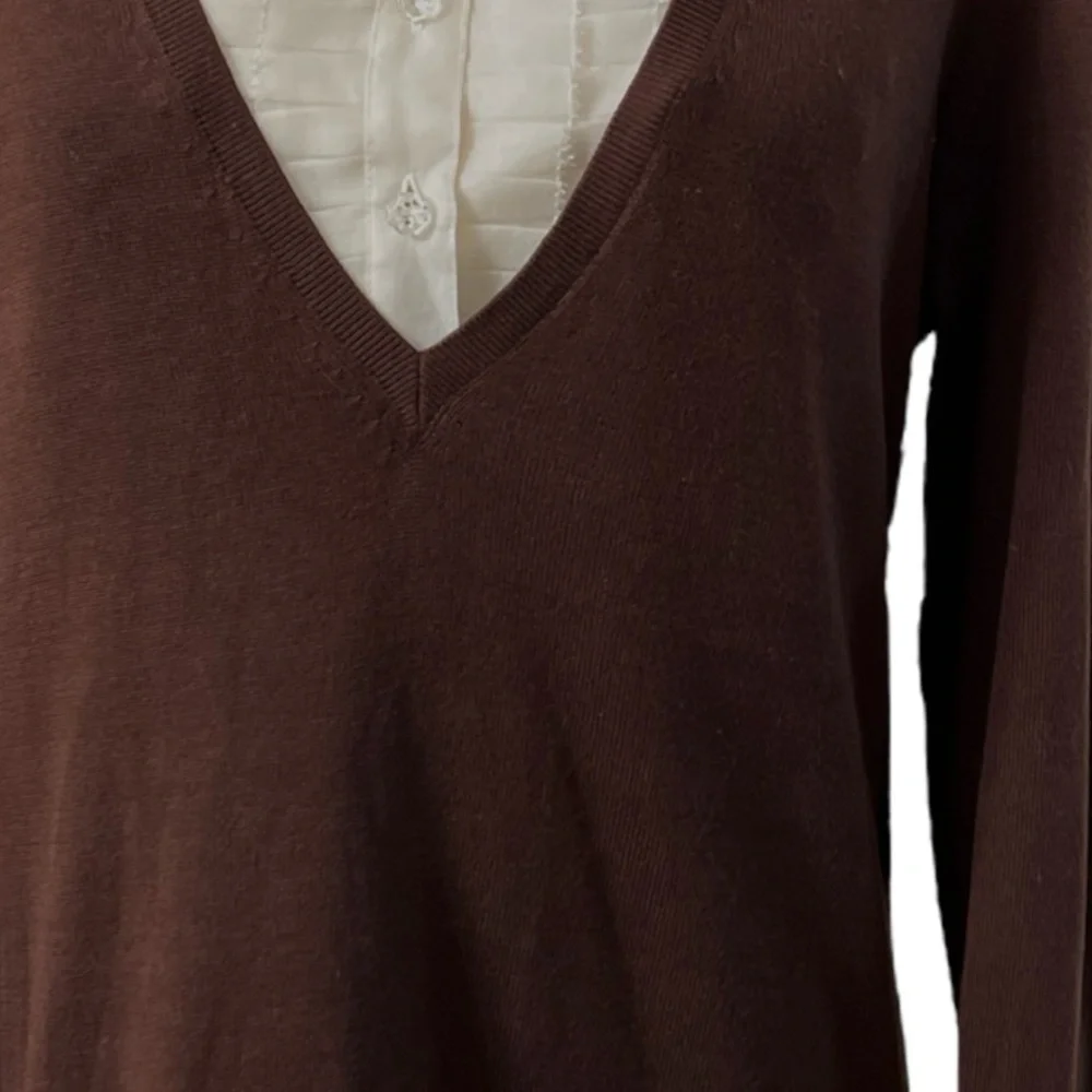 Worth V neck pullover sweater chestnut brown cream tuxedo dickie large NWT